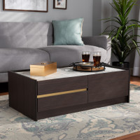 Baxton Studio LV25CFT2514-Modi Wenge/Marble-CT Walker Modern and Contemporary Dark Brown and Gold Finished Wood Coffee Table with Faux Marble Topi